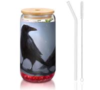JEJEA Ravens Tasses en verre avec couvercles en bambou et pailles, tasse à café, tasses en forme de canette, verres, cocktails, transparent