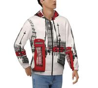 JEJEA Red Phone Booth London Street Print Sweat à capuche zippé pour homme en polyester doux Fermeture éclair intégrale Sweats épais, tailles S à 3XL, Noir , XXL