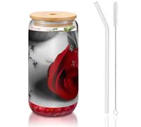 JEJEA Red Rose2 Tasses en verre avec couvercles et pailles en bambou Transparent