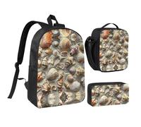 JEJEA Sac à dos 3 en 1 avec boîte à déjeuner et trousse à crayons Motif coquillages sable 43,2 cm, Noir , Taille unique