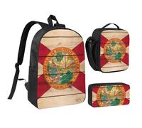 JEJEA Sac à dos 3 en 1 avec boîte à déjeuner, étui en pécnil, motif drapeau de la Floride, motif grain de bois, sac à livres, sac à déjeuner, trousse à crayons 43,2 cm pour voyage, Noir , Taille