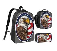 JEJEA Sac à dos 3 en 1 imprimé aigle chauve américain avec boîte à déjeuner, étui en pécnil, sac à livres, sac à déjeuner, trousse à crayons 43,2 cm pour voyage, Noir , Taille unique