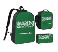 JEJEA Sac à dos 3 en 1 imprimé drapeau de l'Arabie saoudite avec boîte à déjeuner et trousse à livres, sac à déjeuner, trousse à crayons 43,2 cm pour voyage, Noir , Taille unique