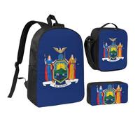 JEJEA Sac à dos 3 en 1 imprimé drapeau de l'État de New York avec boîte à déjeuner, trousse à livres, sac à déjeuner, trousse à crayons 43,2 cm pour voyage, Noir , Taille unique