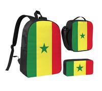 JEJEA Sac à dos 3 en 1 imprimé drapeau du Sénégal avec boîte à déjeuner et étui en pécnil, sac à livres, sac à déjeuner, trousse à crayons 43,2 cm pour voyage, Noir , Taille unique