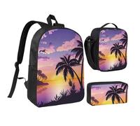 JEJEA Sac à dos d'été imprimé palmier avec boîte à déjeuner, étui en pécnil, ensemble 3 en 1, sacs à livres, sac à déjeuner, trousse à crayons 43,2 cm pour voyage, Noir , Taille unique