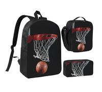JEJEA Sac à dos imprimé basket-ball avec boîte à déjeuner et trousse Pecnil 3 en 1, cartables, sac à déjeuner, trousse à crayons 43,2 cm pour voyage, Noir , Taille unique
