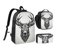 JEJEA Sac à dos imprimé cerf avec boîte à déjeuner et trousse 3 en 1, cartables, sac à déjeuner, trousse à crayons 43,2 cm pour voyage, Noir , Taille unique