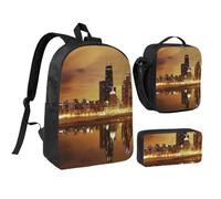 JEJEA Sac à dos imprimé Chicago avec boîte à déjeuner et trousse Pecnil, ensemble 3 en 1, sacs à livres, sac à déjeuner, trousse à crayons 43,2 cm pour voyage, Noir , Taille unique