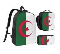 JEJEA Sac à dos imprimé drapeau de l'Algérie avec boîte à déjeuner 3 en 1, cartables, sac à déjeuner, trousse à crayons 43,2 cm pour voyage, Noir , Taille unique