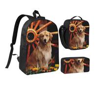 JEJEA Sac à dos imprimé Golden Retriever avec boîte à déjeuner et trousse en pécnil, sac à livres, sac à déjeuner, trousse à crayons 43,2 cm pour voyage, Noir , Taille unique
