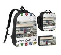 JEJEA Sac à dos imprimé Happy Camper avec boîte à déjeuner et trousse en pécnil, sac à livres, sac à déjeuner, trousse à crayons 43,2 cm pour voyage, Noir , Taille unique