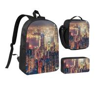 JEJEA Sac à dos imprimé Hong Kong avec boîte à déjeuner et étui en pécnil, ensemble 3 en 1, sacs à livres, sac à déjeuner, trousse à crayons 43,2 cm pour voyage, Noir , Taille unique