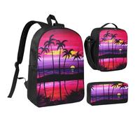 JEJEA Sac à dos imprimé palmier tropical avec boîte à déjeuner, étui en pécnil, ensemble 3 en 1, cartable, sac à déjeuner, trousse à crayons 43,2 cm pour voyage, Noir , Taille unique