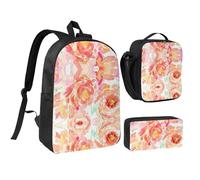 JEJEA Sac à dos imprimé pivoine pêche avec boîte à déjeuner et trousse en pécnil, ensemble 3 en 1, cartable, sac à déjeuner, trousse à crayons 43,2 cm pour voyage, Noir , Taille unique