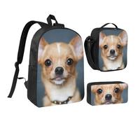JEJEA Sac à dos mignon imprimé chihuahua avec boîte à déjeuner et étui en pécnil, ensemble 3 en 1, sacs à livres, sac à déjeuner, trousse à crayons 43,2 cm pour voyage, Noir , Taille unique
