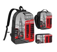 JEJEA Sac à dos rétro avec boîte à déjeuner et trousse 3 en 1 Motif téléphone de Londres 43,2 cm, Noir , Taille unique