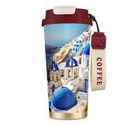 JEJEA Santorini Tasse isotherme en acier inoxydable avec impression île grecque et vue sur la mer, tasse à café à double paroi pour la maison et le bureau