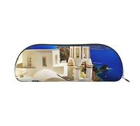 JEJEA Santorini Trousse à crayons en cuir avec fermeture éclair Motif île grecque avec vue sur la mer, doré, Taille unique, Trousse de toilette