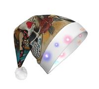 JEJEA Sugar Skulls Chapeau de Père Noël Imprimé Papillon Adulte LED Chapeau de Noël avec Lumières pour Femmes et Hommes Nouvel An Fournitures de Fête