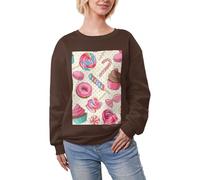 JEJEA Sweet Lollipop Colorful Sweet Lollipop Cupcake Donut Print Winter Fleece Lined Warm Casual Tops, Women Oversize Long Sleeve Pullover Fashion Sweatshirt, café, XL