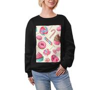 JEJEA Sweet Lollipop Colorful Sweet Lollipop Cupcake Donut Print Winter Fleece Lined Warm Casual Tops, Women Oversize Long Sleeve Pullover Fashion Sweatshirt, Noir , L