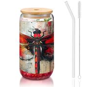 JEJEA Tasses en verre abstraites en forme de libellule rouge avec couvercles et pailles en bambou, tasse à café, tasses en forme de canette, verres, cocktails, transparent