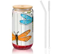 JEJEA Tasses en verre avec couvercle en bambou et pailles en forme de libellule - Transparent