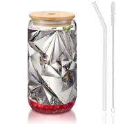 JEJEA Tasses en verre avec couvercle en bambou et pailles, motif abstrait, strass et paillettes, tasse à café, tasses en forme de canette, verres, cocktails, transparent