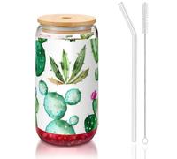 JEJEA Tasses en verre avec couvercles en bambou et pailles, en forme de cactus, en forme de canette, verre, cocktail, transparent