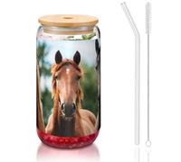 JEJEA Tasses en verre avec couvercles en bambou et pailles en forme de chevaux - Pour cocktail, café - Transparent