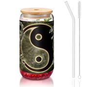 JEJEA Tasses en verre avec couvercles en bambou et pailles en forme de dragon Yin Yang, tasse à café, tasses en forme de canette, verres, cocktails, transparent