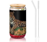 JEJEA Tasses en verre avec couvercles en bambou et pailles en forme de léopard africain, transparent