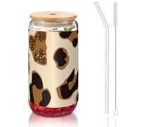 JEJEA Tasses en verre avec couvercles en bambou et pailles en forme de léopard, pour cocktail, transparent