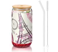 JEJEA Tasses en verre avec couvercles en bambou et pailles en forme de tour Eiffel de Paris - Transparent