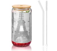 JEJEA Tasses en verre avec couvercles en bambou et pailles en forme de tour Eiffel, Paris Street - Rouge - Transparent