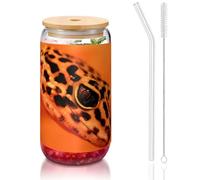 JEJEA Tasses en verre avec couvercles en bambou et pailles - Motif léopard - Transparent