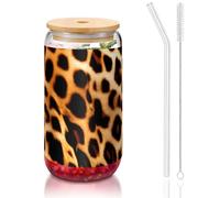 JEJEA Tasses en verre avec couvercles en bambou et pailles, motif léopard - Transparent