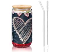 JEJEA Tasses en verre avec inscription « I Love You Words with Hearts » avec couvercles en bambou et pailles, tasse à café, tasses en forme de canette, verres, cocktails, transparent
