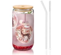 JEJEA Tasses en verre en forme de boule de Noël rose avec couvercles en bambou et pailles, tasse à café, tasses en forme de canette, verres, cocktails, transparent