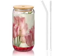 JEJEA Tasses en verre en forme de tulipes roses avec couvercles et pailles en bambou, tasse à café, tasses en forme de canette, verres, cocktails, transparent