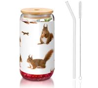 JEJEA Tasses en verre en forme d'écureuil mignon avec couvercles en bambou et pailles, tasse à café, tasses en forme de canette, verres, cocktails, transparent