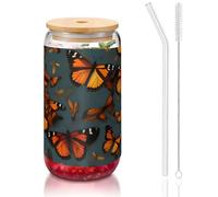 JEJEA Tasses en verre Heaps of Orange Monarch Butterflies avec couvercles et pailles en bambou, tasse à café, tasses en forme de canette, verres, cocktails, transparent