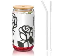JEJEA Tasses en verre rose en métal avec couvercles en bambou et pailles, tasse à café, tasses en forme de canette, verres, cocktails, transparent