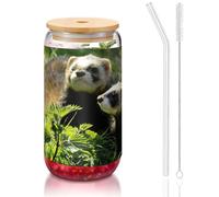JEJEA Tasses en verre transparent avec couvercles en bambou et pailles en forme de furet sauvage