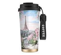 JEJEA Tasses isothermes en acier inoxydable à double paroi Motif Tour Eiffel Paris avec fleurs pour la maison et le bureau