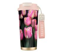 JEJEA Tasses isothermes en acier inoxydable avec impression rose et tulipes - Double paroi - Tasse à café de voyage pour la maison et le bureau