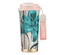JEJEA Tasses isothermes en acier inoxydable avec motif fleur sarcelle sur planche de bois, tasses à café à double paroi, tasse à café de voyage pour la maison et le bureau