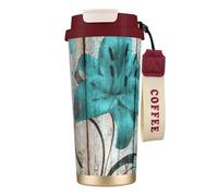 JEJEA Tasses isothermes en acier inoxydable avec motif fleur sarcelle sur planche de bois, tasses à café à double paroi, tasse à café de voyage pour la maison et le bureau