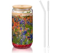 JEJEA Texas Bluebonnets - Tasses en verre avec couvercles et pailles en bambou - Tasse à café en forme de canette, verres, cocktails, transparent